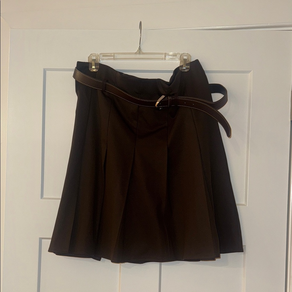 Brown Pleated A-Line Skirt with Belt